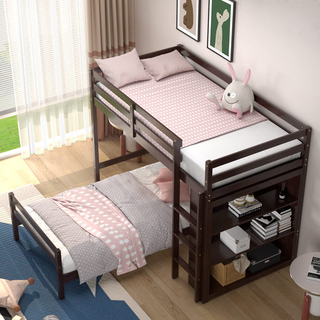 Dreamade Twin Over Twin Loft Bed w/ Bookcase, Bunk Bed w/ 12.5" Full-Length Guardrail & Ladder