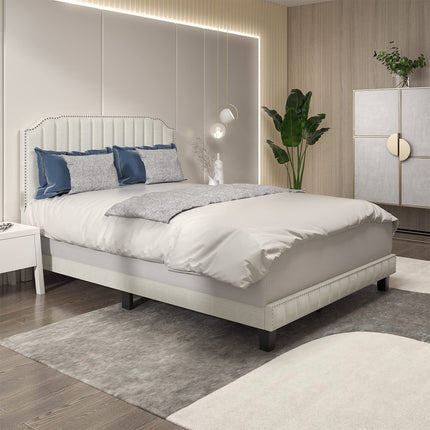 Dreamade Queen/Full/Twin Size Upholstered Bed Frame, Linen Platform Bed w/Rivet Headboard, Heavy Duty Mattress Foundation