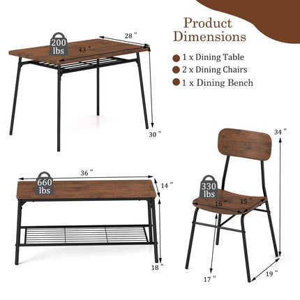 Dreamade Dining Table Set for 4, Kitchen Table with Bench & 2 Chairs, Storage & Metal Frame