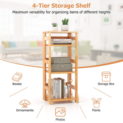 Dreamade 4-Tier Bookshelf, 34.5" Floor Storage Shelf w/Rubber Wood Frame, Anti-Toppling Kits, 14" x 13" x 34.5"