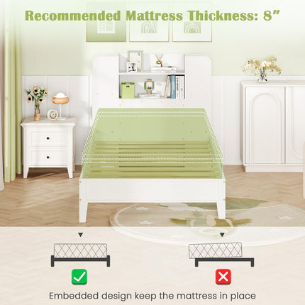 Dreamade Twin Bed Frames for Kids, Wooden Twin Size Bed with Storage Bookcase Headboard