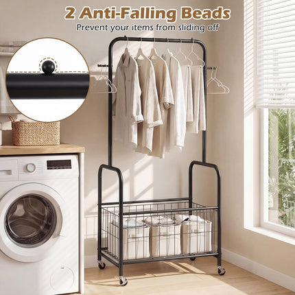 Dreamade 35" Clothes Rack with Storage Basket & Lockable Wheels