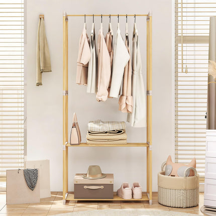 Dreamade Pine Wood Clothes Rack with 2-Tier Open Storage Shelf for Hanging Clothes
