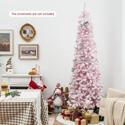 Dreamade 7ft Pre-Lit Pencil Christmas Tree, Snow Flocked Artificial Slim Tree with 800 Branch Tips - DreamadeUS