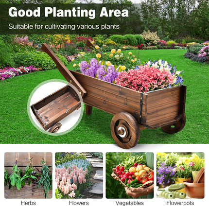 Dreamade Wooden Wagon Planter Box, Decorative Wagon Cart with Wheels, Handles