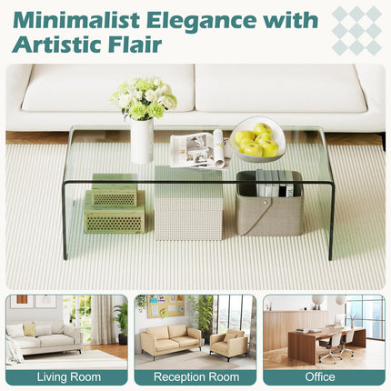 Dreamade 40 Inch Clear Center Coffee Table with Tempered Glass Top & Round Edges