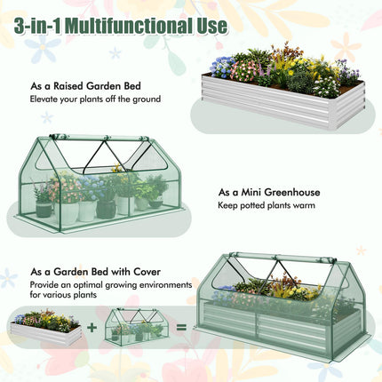 Dreamade Galvanized Steel Raised Garden Bed with Mini Greenhouse, Outdoor Metal Planter Box Kit with Large Roll-up Cover