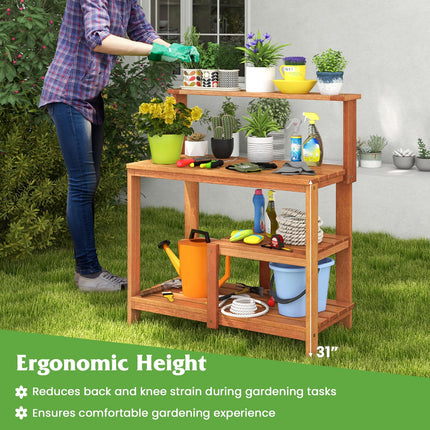 Dreamade 4-Tier Potting Bench, Solid Wood Gardening Workstation w/Open Storage Shelves
