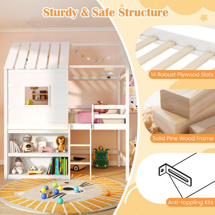 Dreamade Twin Size Loft Bed with LED Lights Roof Window and Storage Bookshelf