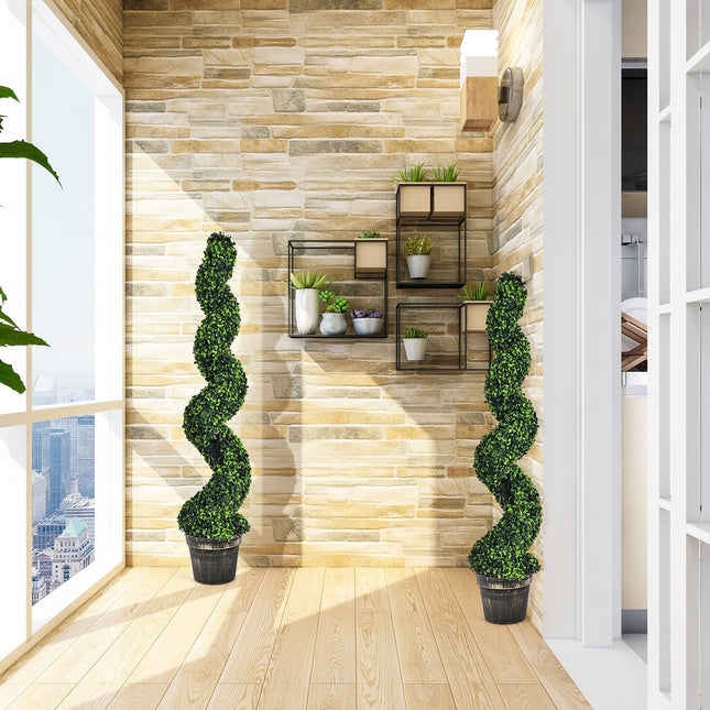 4FT Artificial Spiral Boxwood Topiary Tree Set of 2, Faux Decorative Plants in Cement-Filled Plastic Pot - DreamadeUS