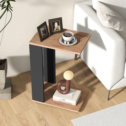 Dreamade C Shaped End Table, 2-Tier Sofa Side Table with Universal Wheels & Storage Shelf
