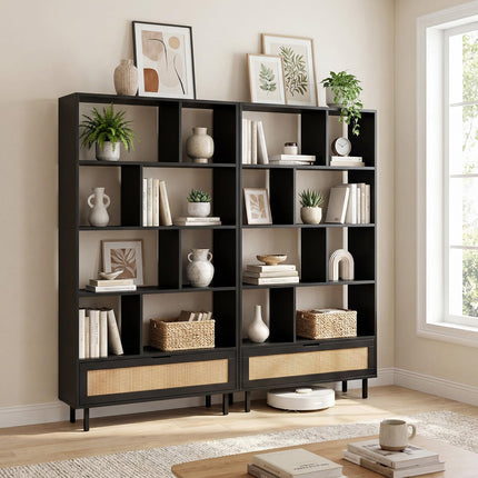 Dreamade 64" Tall 6-Tier Wood Bookshelf with Rattan Drawer