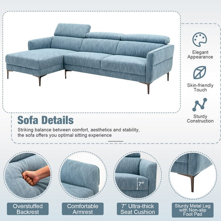Dreamade L-Shaped Sofa Couch, 3-Seat Upholstered Sofa with Wide Chaise Lounge, Adjustable Headrest, Blue