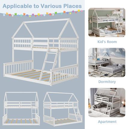 Dreamade Twin Over Full House Bunk Bed, Floor Low Bunk Bed Frame w/Integrated Ladder & Safety Guardrails