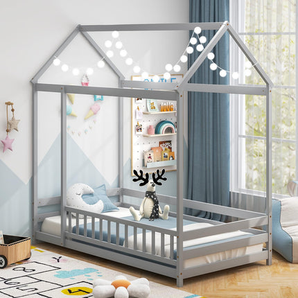 Dreamade Twin Floor Bed with Fence, Wood Montessori Bed with Safety Guardrails and 80.5" High Roof Design