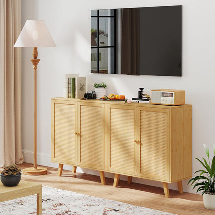 Dreamade 2 Tier Bamboo Sideboard with PE Rattan Decorated Doors