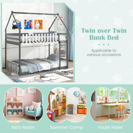 Dreamade Bunk Bed Twin Over Twin, Wood House Low Bunk Bed with Ladder & Fence Safety Guardrail