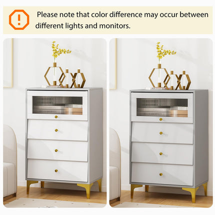 Dreamade 3 Drawer Dresser, Modern Storage Cabinet w/Flip Up Fluted Glass Door & Pull-Out Drawers