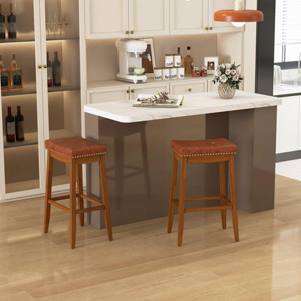 Dreamade Bar Stools Set, 29" Counter Height Bar Stools w/Saddle Seat, Footrest, Rivet, Button Tufted, Rubber Wood Frame