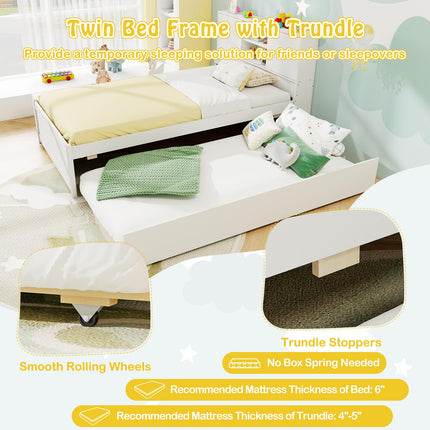 Dreamade White Twin Size Bed Frame with Trundle and Bookcase Headboard