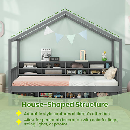 Dreamade Twin Size House Bed with Storage, Wooden Montessori House Bed with 14 Storage Cubes