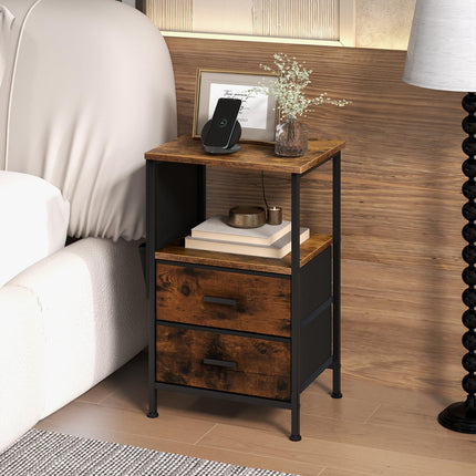 Dreamade Nightstand with Charging Station, Industrial Bedside Table with 2 Fabric Drawers & 6 Storage Pockets