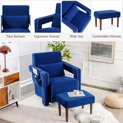 Dreamade Modern Accent Chair with Ottoman, Soft Berber Fleece Armchair Single Sofa and Footstool Set w/Waist Pillow