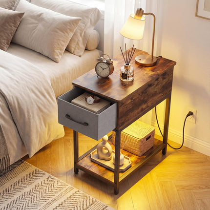 Dreamade Narrow Side Table with Charging Station and LED Lights Industrial End Table