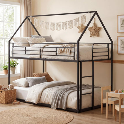 Dreamade House-Shaped Twin Over Twin Metal Bunk Bed