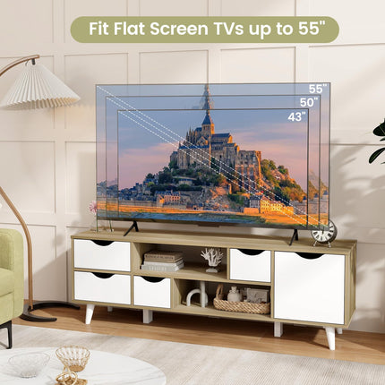 Dreamade TV Stand for 55 Inches TVs, Mid Century Modern Entertainment Center with 4 Drawers, 1 Cabinet, Adjustable Shelf, 2 Compartments