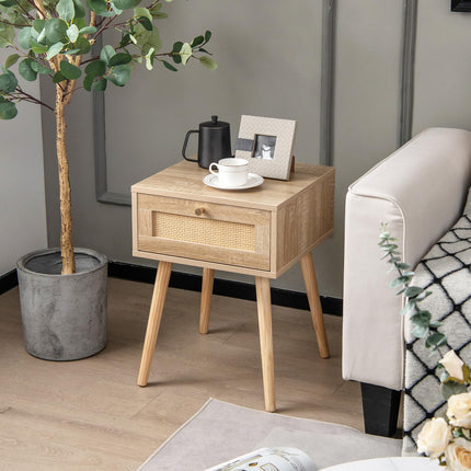 Dreamade Boho Rattan Nightstand Set of 2 - Bedside Table with Hand-Woven Rattan Decoration, Natural