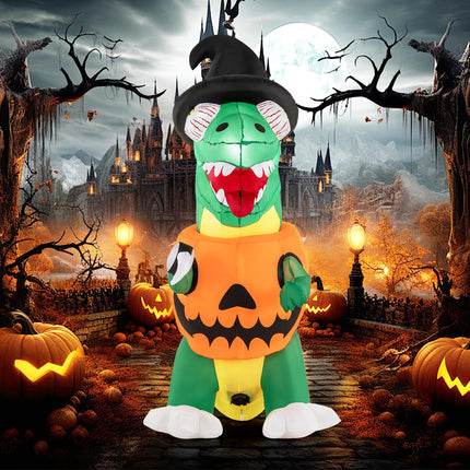 Dreamade 6 FT Inflatable Pumpkin Dinosaur, Blow up Yard Decoration with Built-in LED Lights & Witch Hat