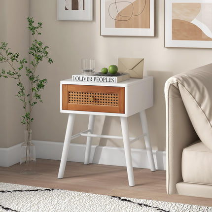 Dreamade Rattan Nightstand, Mid Century Modern End Table with Handwoven Rattan Decorated Drawer