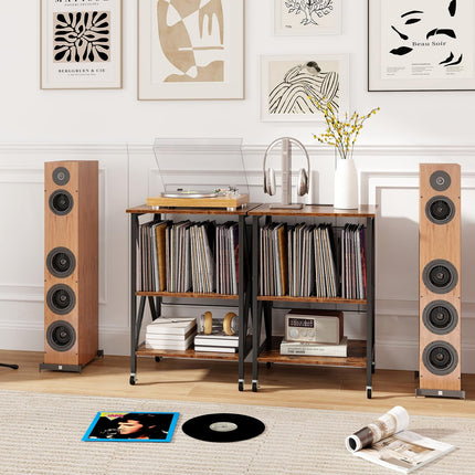 Dreamade Record Player Stand with Charging Station, Turntable Stand with Record Storage & 4 Rolling Wheels