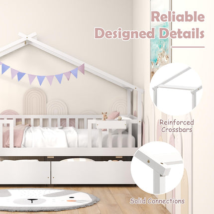 Dreamade Twin House Bed with Drawers, Wooden Twin Bed Frame with Cube Storage & Fence Rails
