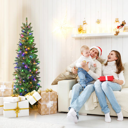 Dreamade 5ft Pre-Lit Pencil Christmas Tree, Hinged Artificial Slim Tree with 390 PVC PE Branch Tips