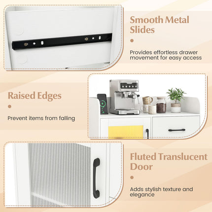 Dreamade RGB LED Buffet Sideboard | White Kitchen Storage Cabinet with Charging Station