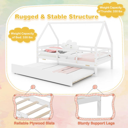 Dreamade Twin House Bed with Trundle, Wood Kids Bed Frame with Roof & Fence Rails