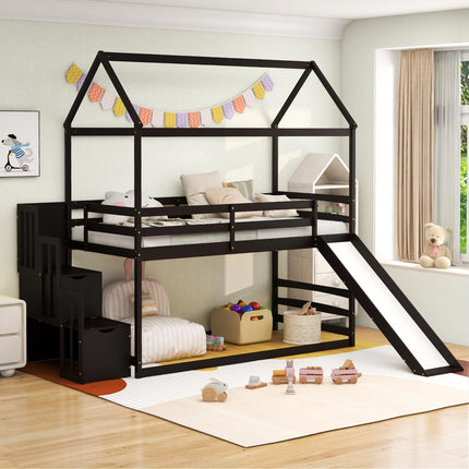 Dreamade House Bunk Bed Twin Over Twin with Slide and Storage Stairs, Solid Wood Low Loft Bed Frame with Roof & Guardrail
