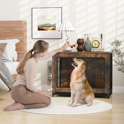 Dreamade Dog Crate Furniture - Dog Kennel Side Table with Double Doors & Removable Pull-Out Tray