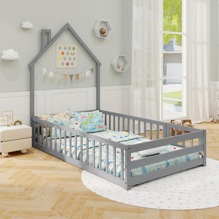 Dreamade Twin Floor Bed, House-Shaped Montessori Bed Frame with Headboard, Full-Length Guardrail