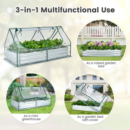 Dreamade Galvanized Steel Raised Garden Bed with Mini Greenhouse, Outdoor Metal Planter Box Kit with Large Roll-up PVC Cover