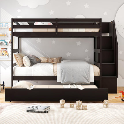 Dreamade Twin Over Twin Bunk Bed with Trundle and Storage Stairs, Solid Wood Bunk Bed Convertible 3 Bed Frames for Bedroom