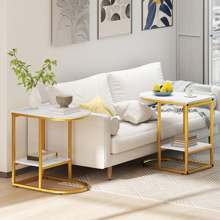 Dreamade C Shaped End Table with Faux Marble Tabletop and Storage Shelf
