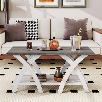 Dreamade Farmhouse Coffee Table 2-Tier Wood Center Table with Storage Shelf & X-Shaped Support Legs