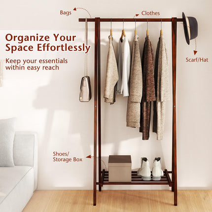 Dreamade Folding Rubber Wood Clothes Hanging Rack Standing Garment Rack with Bottom Storage Shelf