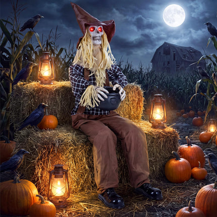 DREAMADE 53" Sitting Skeleton Animated Halloween Scarecrow Animatronics