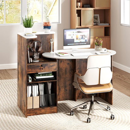 Dreamade Reception Desk, Front Counter Desk with Lockable Drawer, Oval Tabletop & Adjustable Shelf