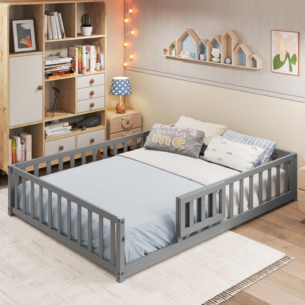 Dreamade Full Size Floor Bed for Kids, Montessori Floor Bed with Wood Slats & Safety Guardrails