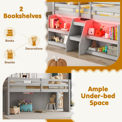 Dreamade Low Loft Bed with LED Lights, Wooden Twin Loft Bed with Stairs & Safety Guardrail